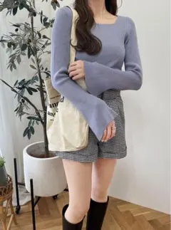 グレイル スクエアネックフレアスリーブリブニットトップス ブルー系 長袖 【S】