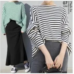 ストライプ 長袖 ボートネック トップス