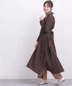 O147ナノユニバース長袖ロングワンピースシャツワンピースブラウン無地コットン綿
