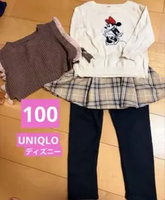 女の子 秋冬　3点セット 100ユニクロ　ミニー　チェック　スカッツ　ベスト