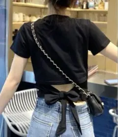 ウエスト見せバックリボンTシャツ ショート丈 クロップド ミニ丈 ブラック M