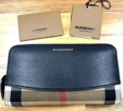 【K】バーバリー　長財布　ラウンド　ノバチェック　レザー　ホースロゴ　美品