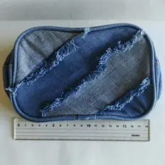 デニム パッチワークポーチ ペンケース フリンジデザイン