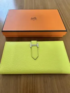 HERMES エルメス ベアン 長財布 イエロー Hロゴ シルバー金具 箱 