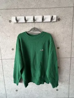 緑色 クルーネック 長袖セーター ロゴ刺繍