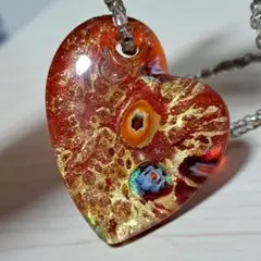 【極美品•レア】ベネチアンガラスネックレス　ハート型 赤色 金箔 ミルフィオリ