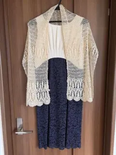 美品✨パーティードレス　ワンピース　膝丈　透かし刺繍　ラメビジューショール付