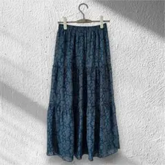 良品　UNIQLO プリントティアードマキシスカート　花柄　ブルー系　S 裏地◎