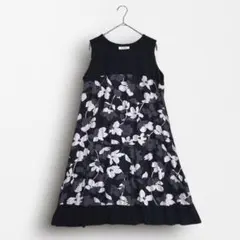 R3707 花柄ノースリーブワンピース ドッキング フレア Aライン 春夏 黒