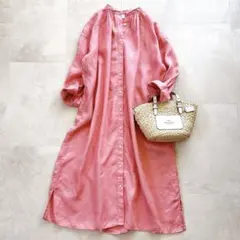 美品 ドアーズ 25SS リネン ギャザー シャツ ロングワンピース ピンク