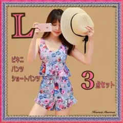 体型カバー 水着 レディース L 花柄 ビキニ 3点セット グレー 韓国風