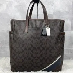 A4可 美品 コーチ レザー トートバッグ ロゴ型押し シグネチャー 茶