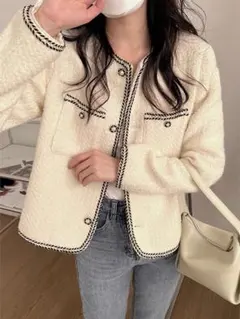 【新品】ツイードジャケット　ノーカラー　春　レディース　卒業　ゆったり　羽織