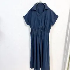 【F】clear ダークブルー ネイビー シャツ ワンピース 半袖 S-M 青