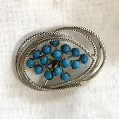 ヴィンテージブローチ ターコイズ 天然石 モダンデザイン 花フラワー シルバー①