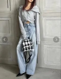 訳アリ【GYDA】ハイウエストKNEEダメージワイドデニムパンツ アイスブルー