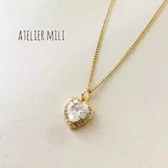 一粒ハートのジルコニアネックレス☆ゴールド色　日本製高品質パーツ使用