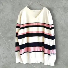 ボーダー ニット Vネック 長袖 L 白 桃 紺 レーヨン 大人可愛い 通勤