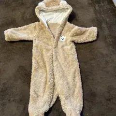 ベージュ フリースロンパース フード付き　クマちゃん