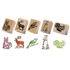 海外 木製スタンプ 5種セット レトロ 動物 ヴィンテージ はんこ ミニ