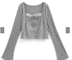 レイヤード風スクエアネックレースリブトップス[dk1370] グレー