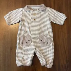 長袖ベビーロンパース　50-60 ボーダー　くまポケット付き