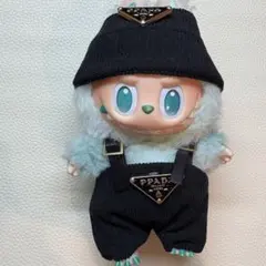 ラブブ 着せ替え服 ブラック オーバーオール 帽子 高級感 メタルプレート