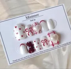 ネイルチップ 【現品】 クリスマス リボン ハート ぷっくり 韓国 ニュアンス