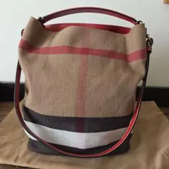 BURBERRY キャンバス チェック柄 ホーボー 2wayバッグ (赤)