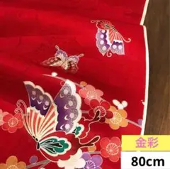 816 お値打ち品！正絹はぎれ 朱赤系 金彩 蝶々花絵柄 薄手より生地 80cm