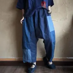 パッチワーク　刺し子　　サルエルパンツ　　ゆったり　リネン パッチワーク 刺し子 サルエルパンツ ゆったり リネン - メルカリ