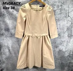 美品✨M'sGRACY エムズグレイシー 38ワンピース　ベージュ　膝丈　リボン