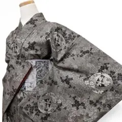 大島紬　小紋　泥染　桜花模様　菊花　花模様　花鞠　着物　015b p