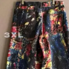 総柄 カラフルペンキダメージプリント ワイドパンツ ペイント Gパン 3XL