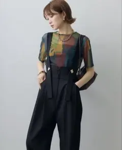 水彩柄メッシュシアー半袖プルオーバー ニュアンス柄シアーカットソー Lumierのサムネイル