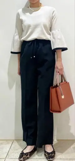 オペークドットクリップ 美脚ストレッチイージーワイドパンツ SSサイズ ネイビー