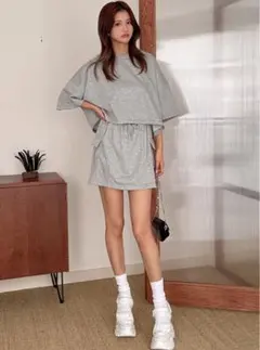 Tシャツ×カーゴミニスカート裏毛スウェットセットアップ[fu176]