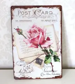 ブリキ看板　シャビーシック バラ　花　インテリア　ガーデン　ビンテージ風