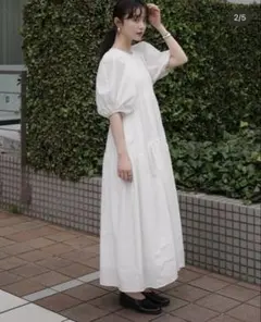 CLANE パフスリーブ ロングワンピース ホワイト