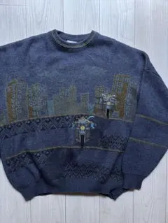 90s〜 ニットセーター バイク柄 都市柄 XL signe incognito