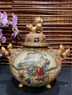 薩摩焼 金襴手色絵金彩 着物美人唐子風景窓絵付 獅子耳大香炉 香炉 アンティーク