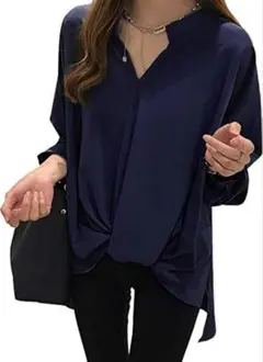 レディース ブラウス 3XL ネイビー ゆったり オフィス ロング 秋 冬 春