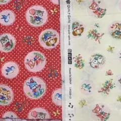 キルトゲイト　レトロアニマル　廃盤生地　サークルドット　クリーム&レッド