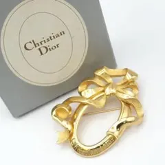【S】美品 Dior ディオール リボン ヴィンテージ ゴールド ブローチ 箱付