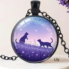 ✨ 2匹 猫 蝶 シルエット パープル ペンダント ネックレス 紫 ピンク 黒
