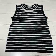 ネックフェイクパール　ボーダーニットノースリーブトップス