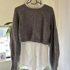 グレー クロップドニット ホワイトシャツ 重ね着