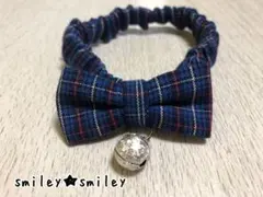 【猫用首輪】青チェック リボン シュシュ