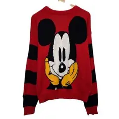 90s ディズニー×ミッキーマウス　ビンテージアクリルニットセーター　レッド