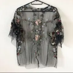 ZARA　刺繍入りシースルーブラウス 黒